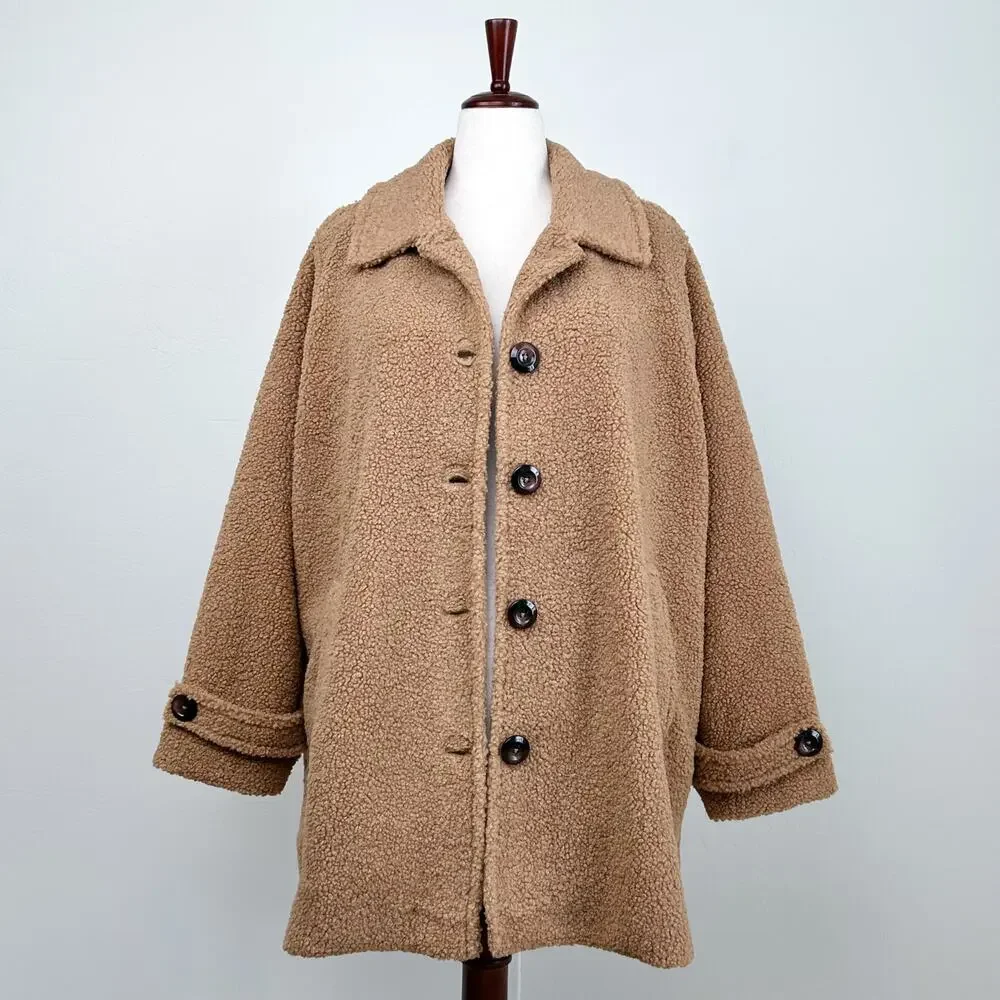 Draper's & Damon's 2X Tan Brown Soft Teddy Sherpa Button-Up Long Coat NWT